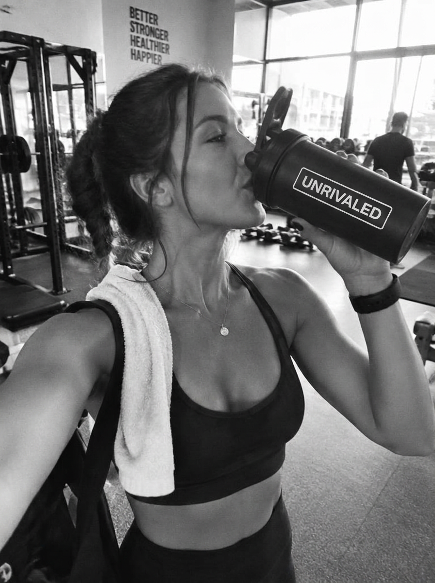 Cliente tomando um shake UNRIVALED na academia