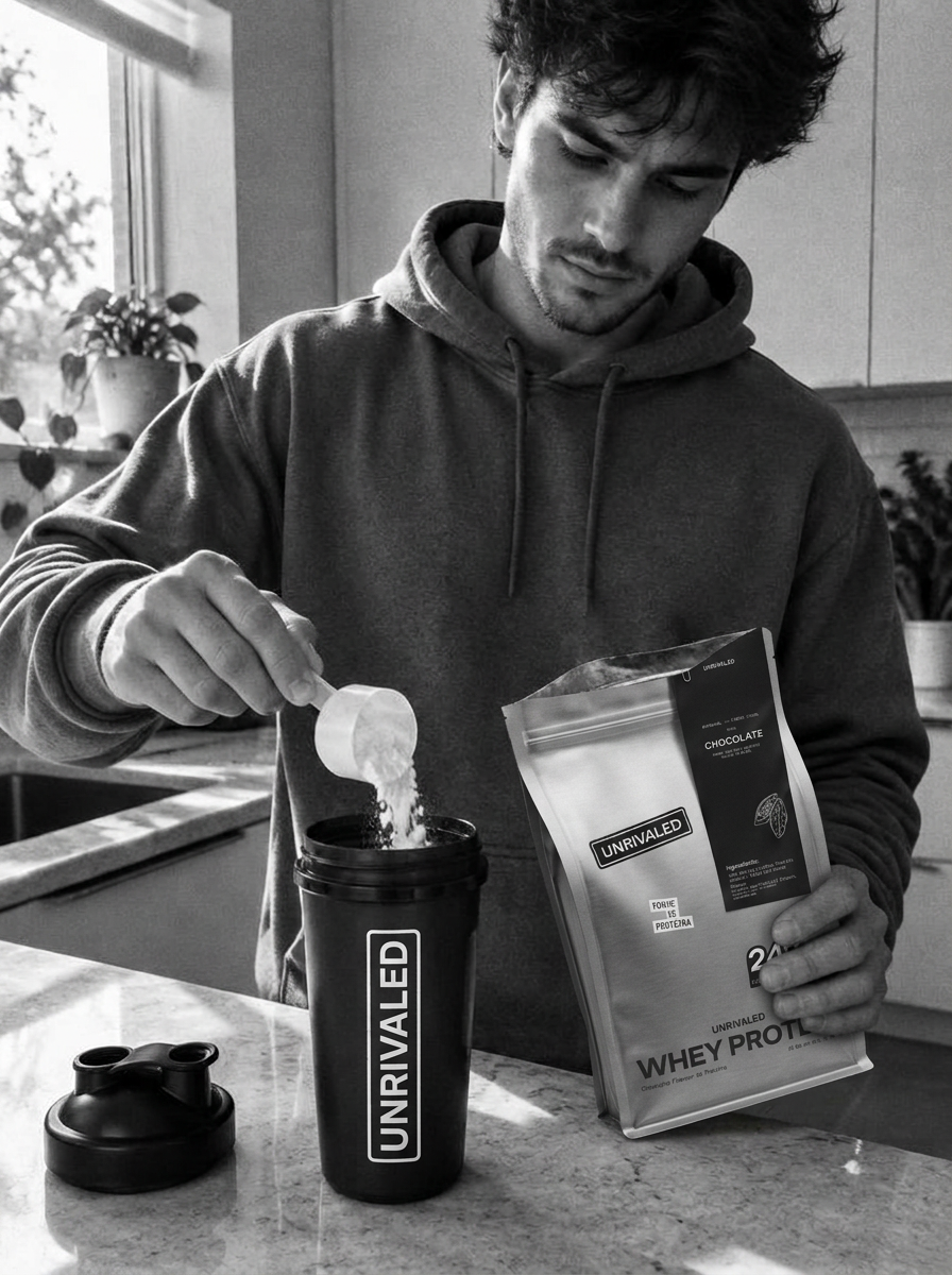 Cliente servindo whey UNRIVALED em casa